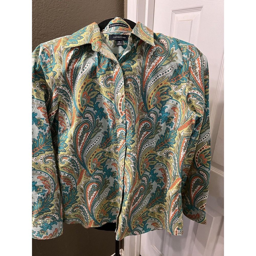 LAND'S END NO IRON PINPOINT OXFORD BUTTON UP SHIRT W COLLAR PAISLEY SZ 10‎